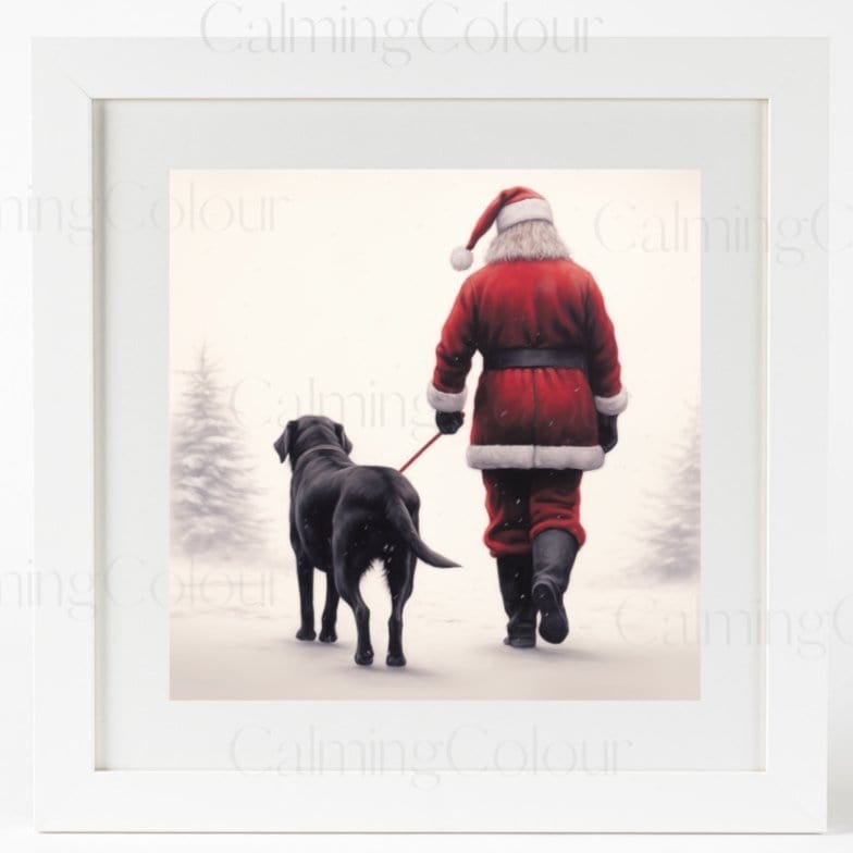 Framed Art Print | Black Labrador Walks with Santa | Christmas Gift | Calming Colour