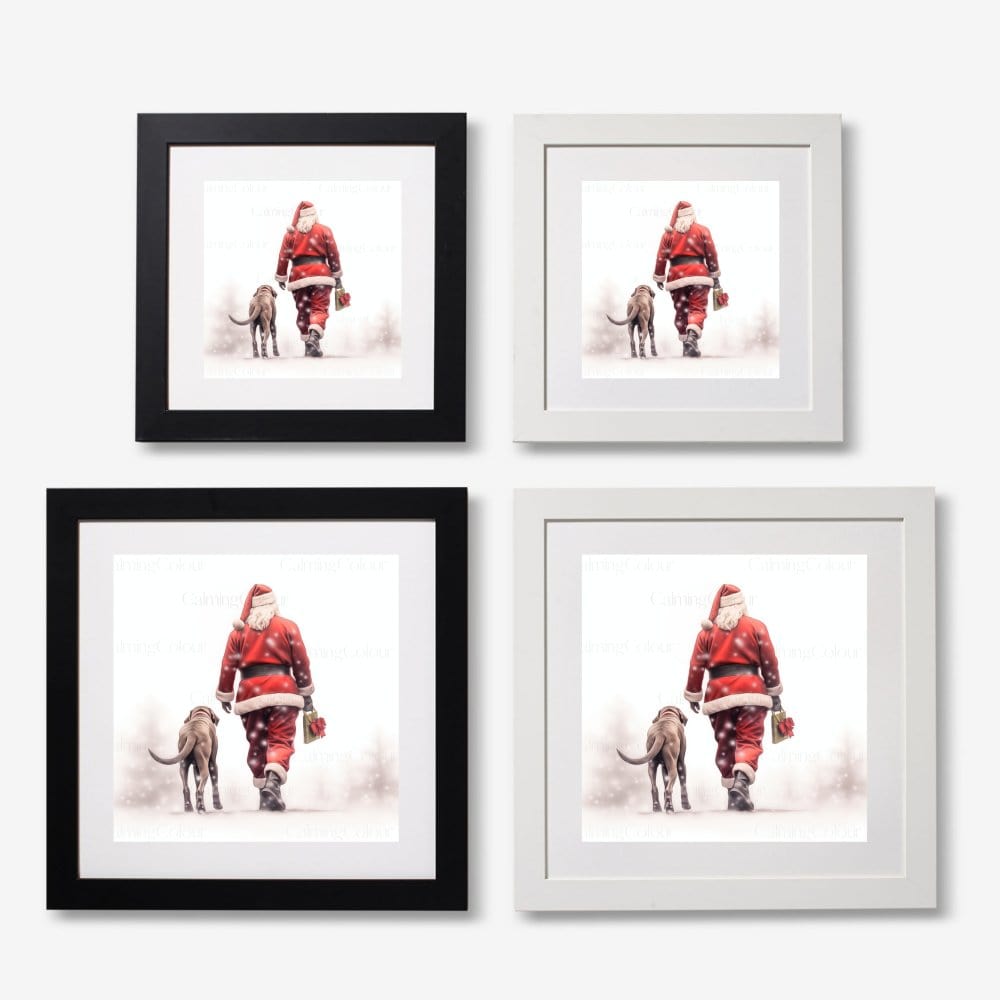 Framed Art Print | Weimaraner Walks with Santa | Christmas Gift | Artwork - Framed Print