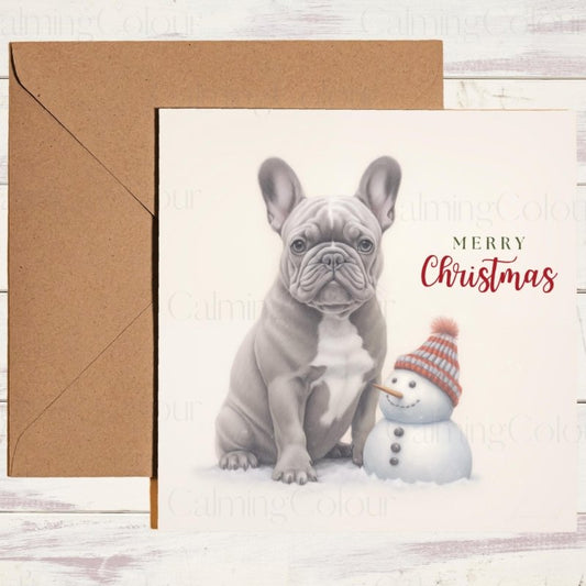 French Bulldog Sat Next to Snowman | Christmas Card | Christmas Card