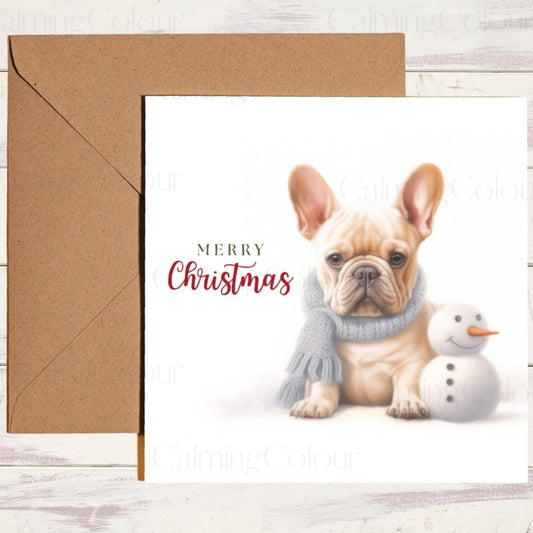French Bulldog with Mini Snowman | Christmas Card | Christmas Card