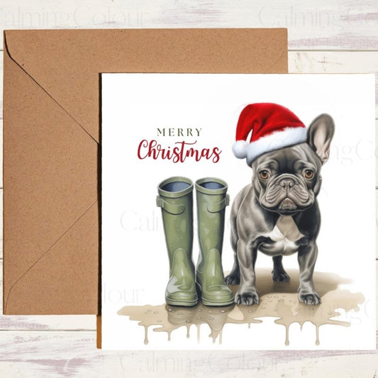 French Bulldog with Santa Hat and Wellies | Christmas Card | Christmas Card