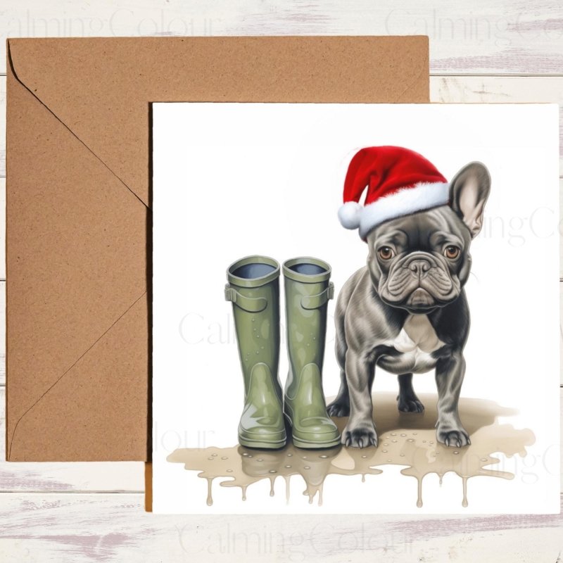 French Bulldog with Santa Hat and Wellies | Christmas Card | Christmas Card