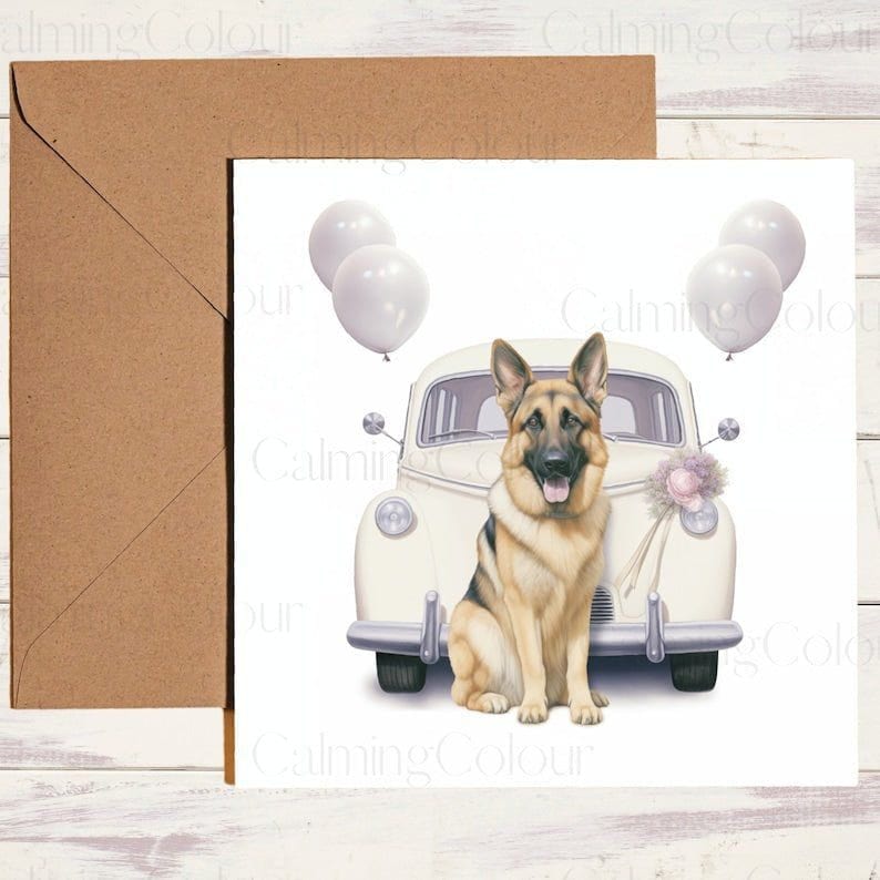 German Shepherd and Wedding Car | Wedding Card | Calming Colour