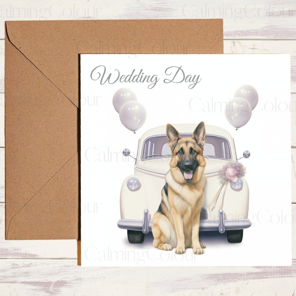 German Shepherd next to Wedding Car | Dog Wedding Card | Calming Colour