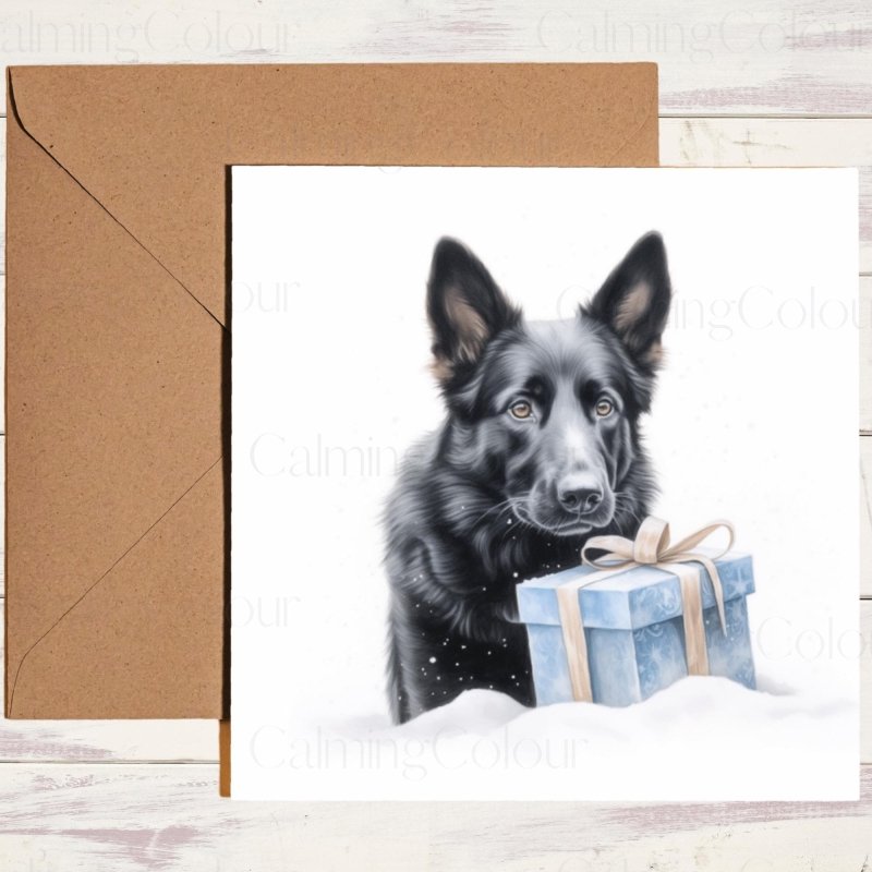 German Shepherd with Christmas Present | Festive Card | Christmas Card
