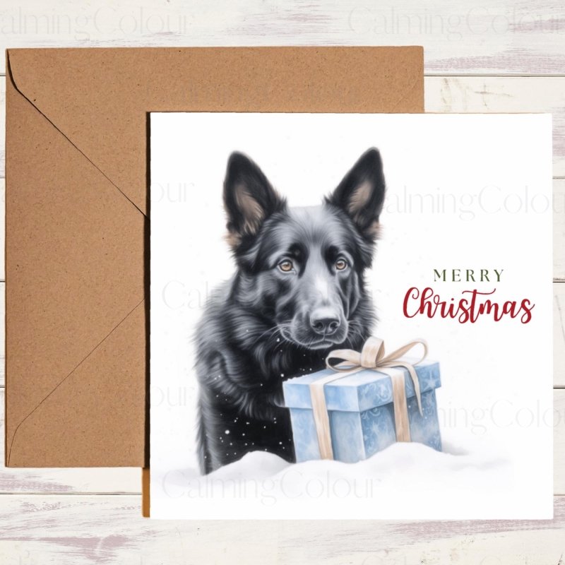 German Shepherd with Christmas Present | Festive Card | Christmas Card