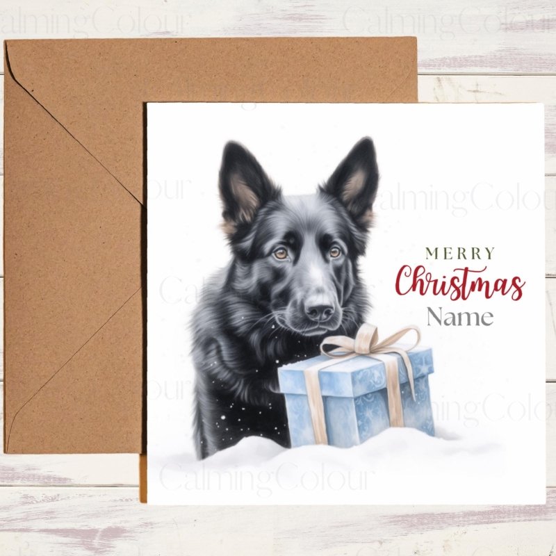 German Shepherd with Christmas Present | Festive Card | Christmas Card