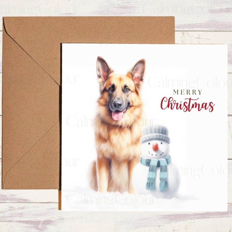 German Shepherd with Mini Snowman | Christmas Card | Christmas Card