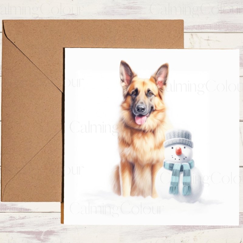 German Shepherd with Mini Snowman | Christmas Card | Christmas Card