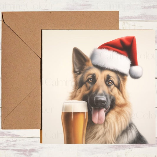 German Shepherd with Pint | Christmas Greeting Card | Christmas Card