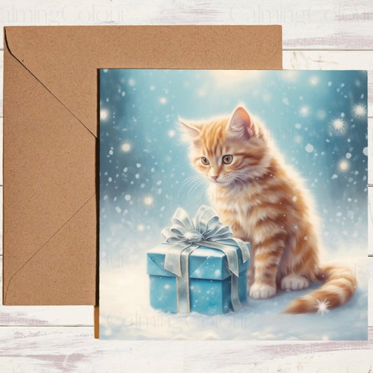 Ginger Cat with Present | Christmas Card | Christmas Card