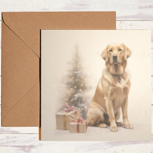 Gold Labrador by Christmas Tree | Christmas Card | Christmas Card