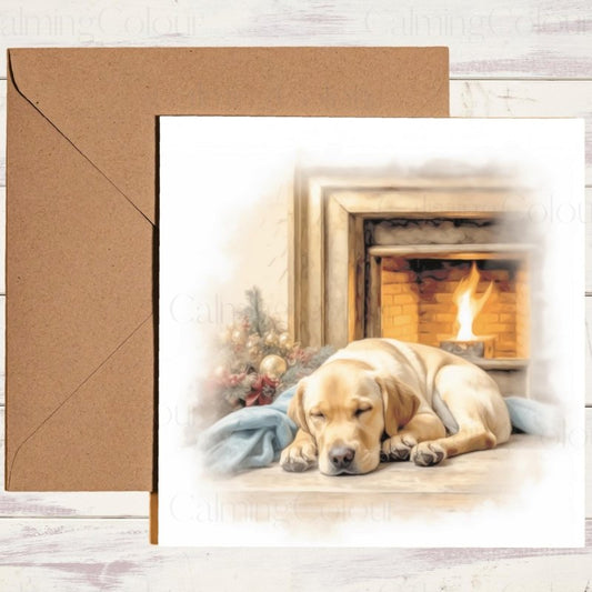 Gold Labrador by Fireplace | Christmas Card | Christmas Card