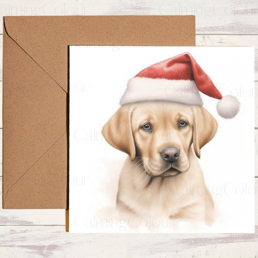 Gold Labrador Puppy | Red Santa Hat Christmas Card | Christmas Card