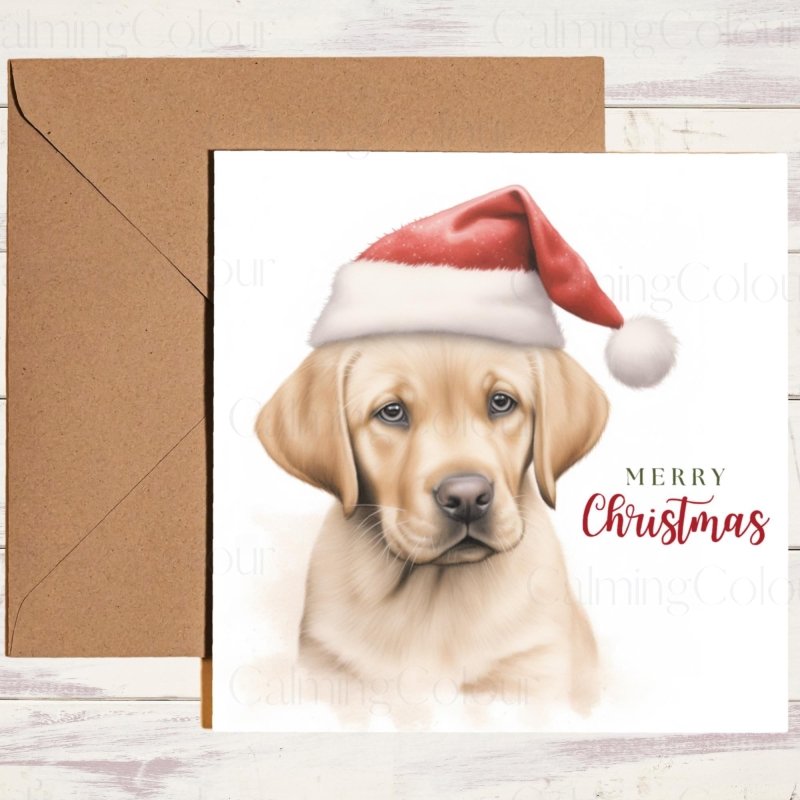 Gold Labrador Puppy | Red Santa Hat Christmas Card | Christmas Card