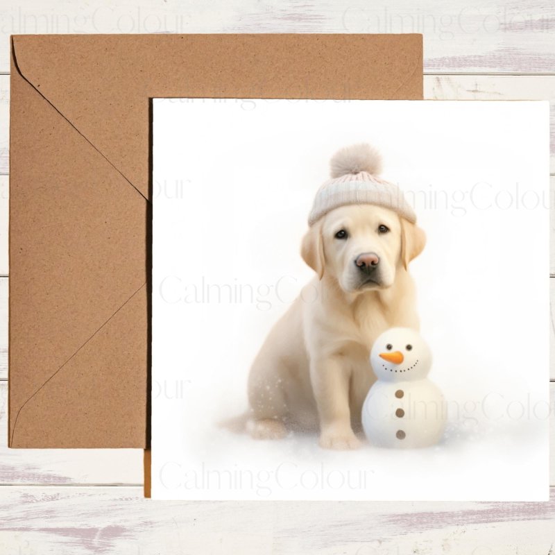 Gold Labrador Puppy with Mini Snowman | Christmas Card | Christmas Card
