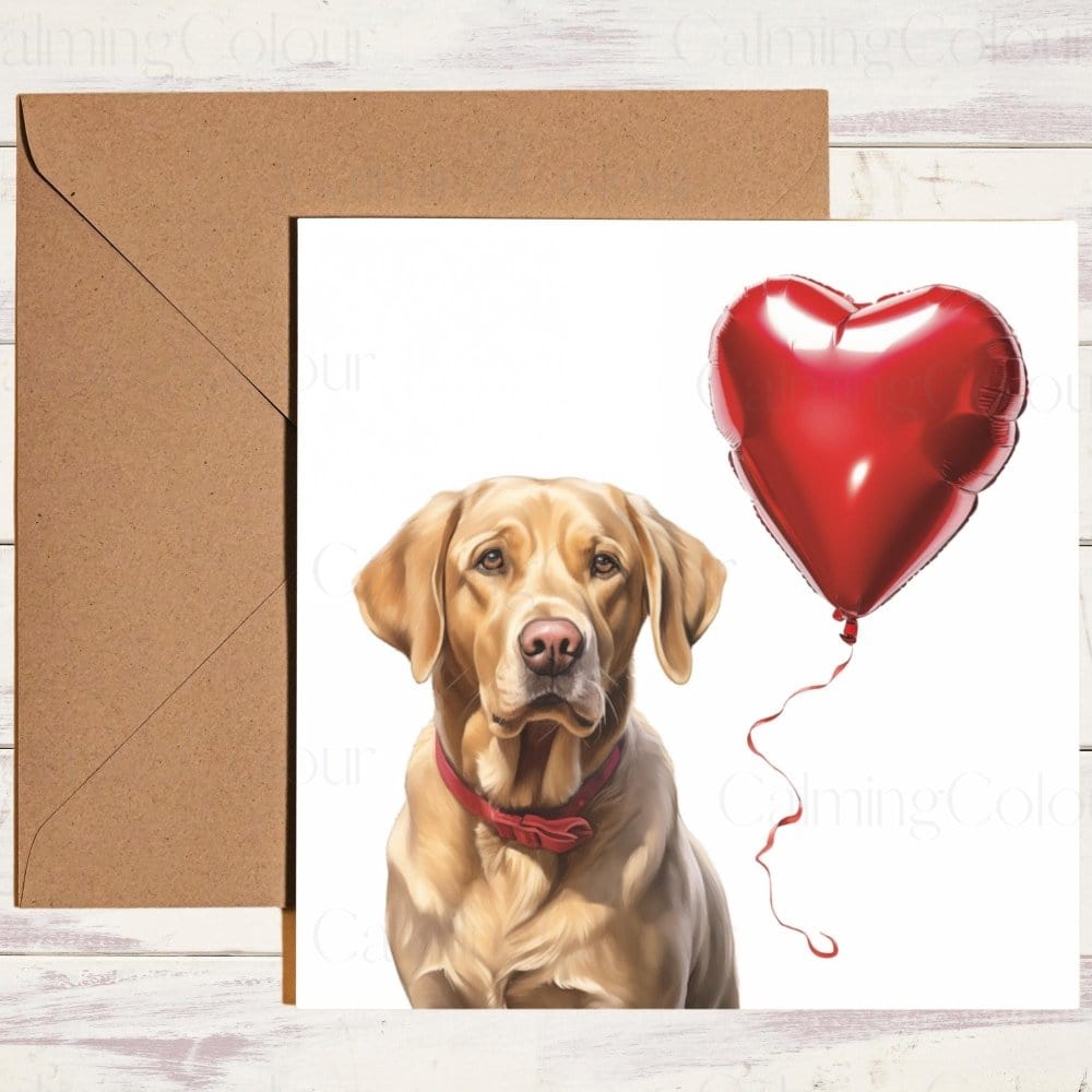 Gold Labrador with Red Balloon | Valentine's Card | With Love | Valentine's Day