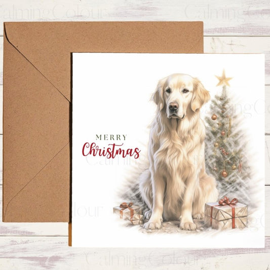 Golden Retriever by Christmas Tree | Christmas Card | Christmas Card (Personalised)