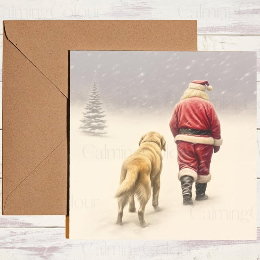 Golden Retriever Walking with Santa Christmas Card | Christmas Card
