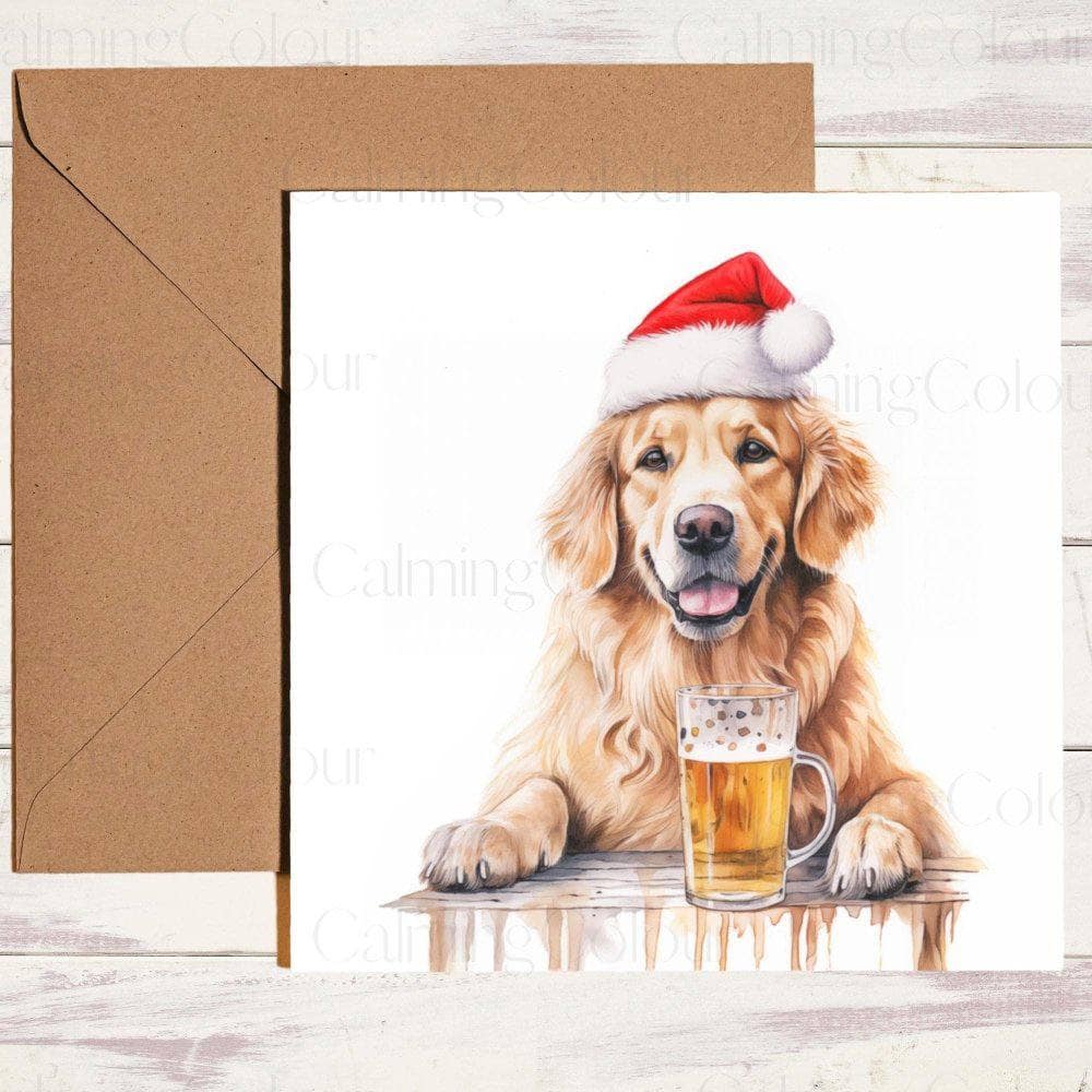 Golden Retriever wearing Red Santa Hat | Christmas Card | Christmas Card