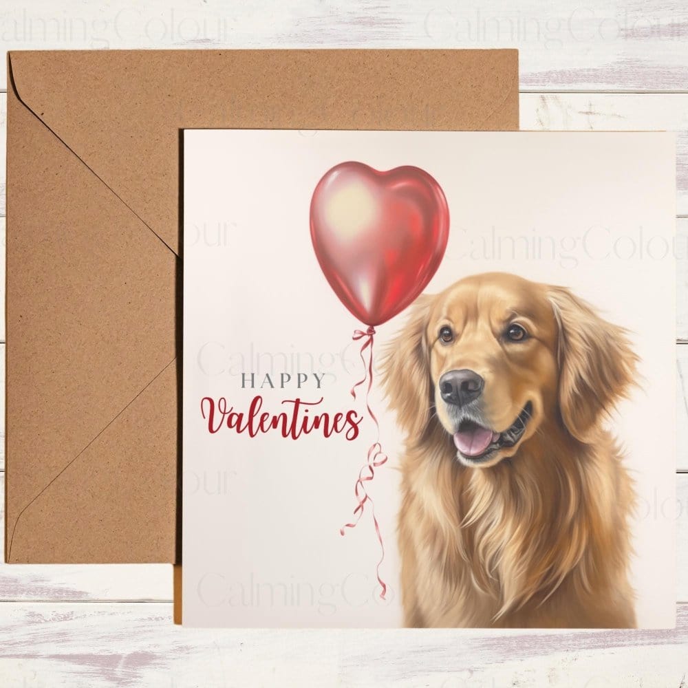 Golden Retriever with Red Balloon | Valentine's Card | Valentine's Day