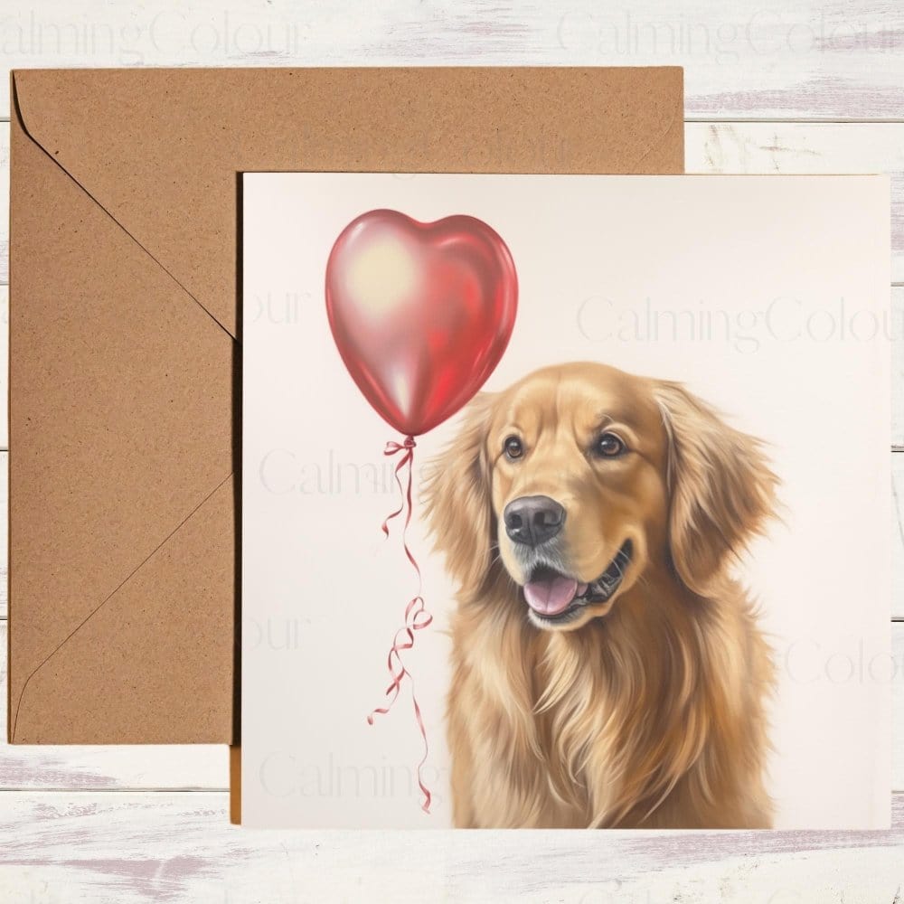 Golden Retriever with Red Balloon | Valentine's Card | Valentine's Day