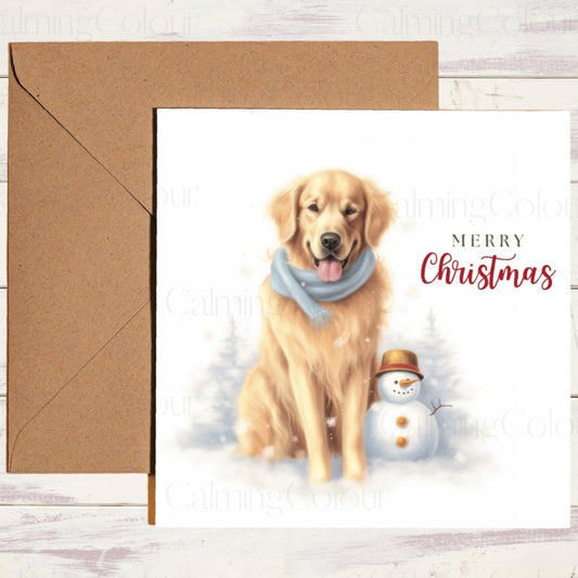 Golden Retriever with Snowman Friend | Christmas Card | Christmas Card