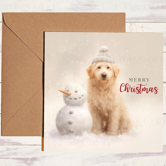 Goldendoodle Beside Snowman | Christmas Card | Christmas Card