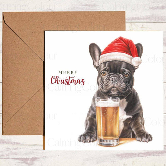 Grey French Bulldog wearing Red Santa Hat | Christmas Card | Christmas Card