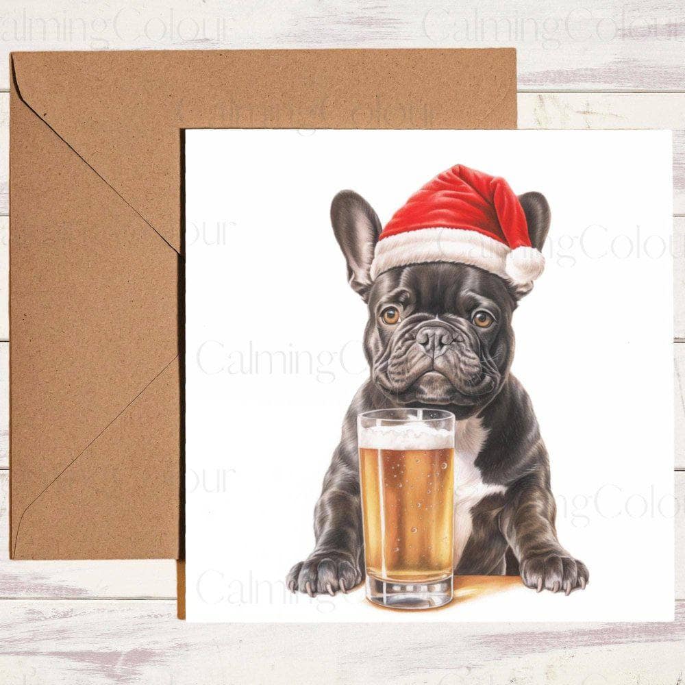 Grey French Bulldog wearing Red Santa Hat | Christmas Card | Christmas Card