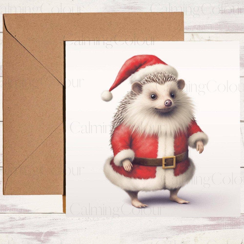Hedgehog dressed as Father Christmas with Red Santa Hat | Christmas Card | Christmas Card