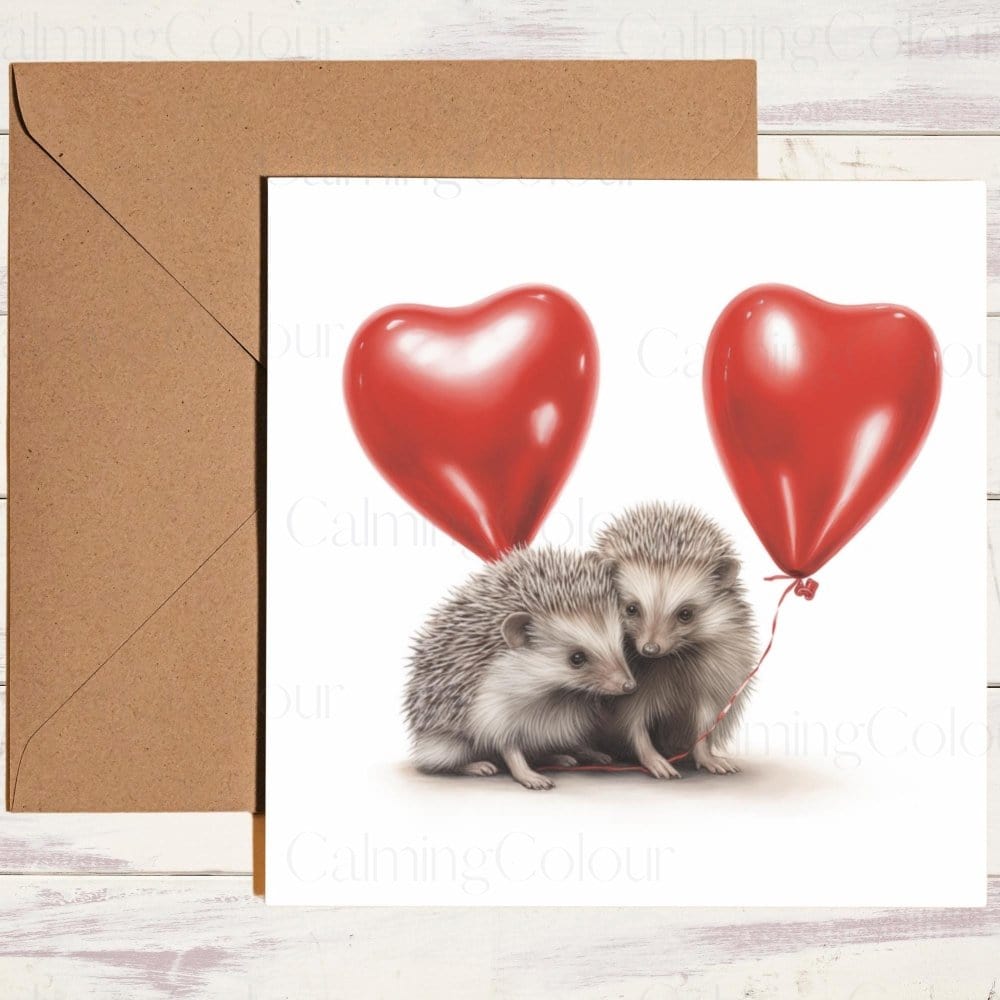 Hedgehog Loving Couple with Red LoveHeart Balloons | Valentine's Card | Valentine's Day