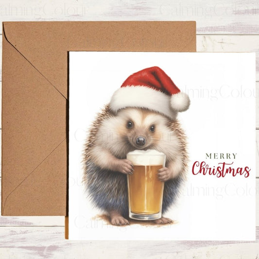 Hedgehog with Santa Hat & Pint | Christmas Card | Christmas Card