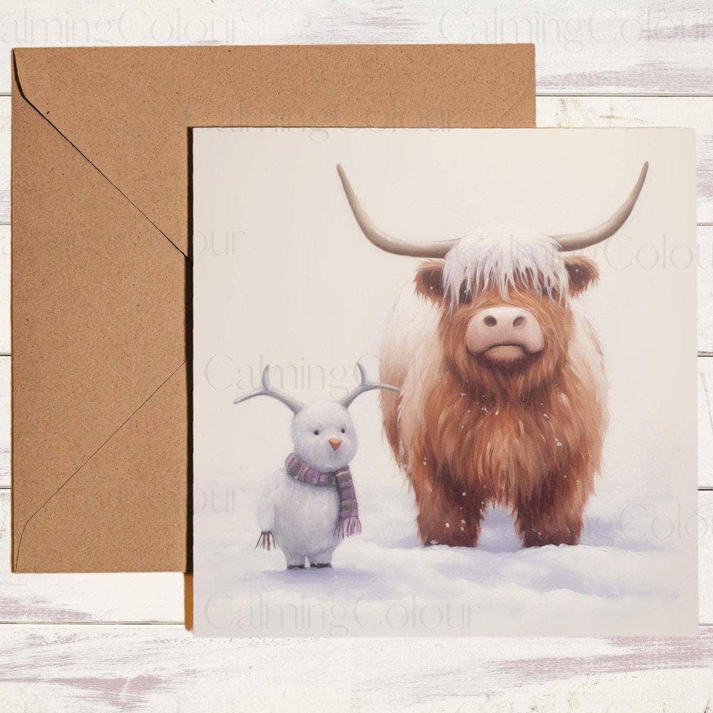 Highland Cow next to Mini Snowcow | Christmas Card | Christmas Card