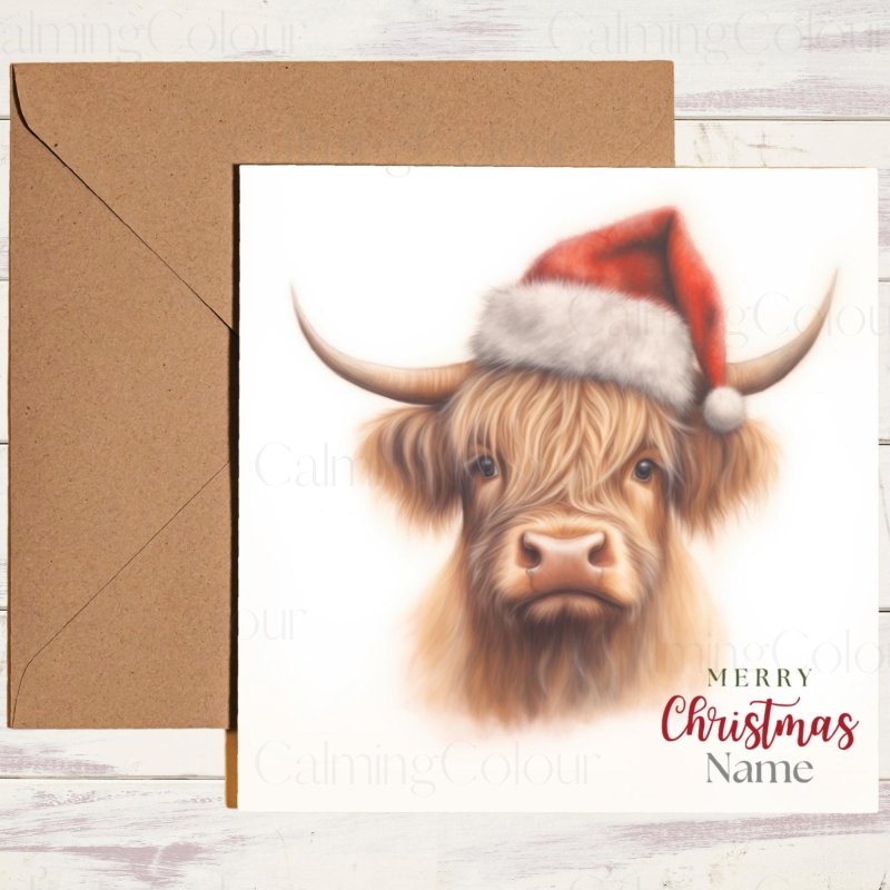 Highland Cow Wearing a Santa Hat | Christmas Card | Christmas Card