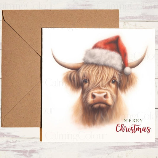 Highland Cow Wearing a Santa Hat | Christmas Card | Christmas Card
