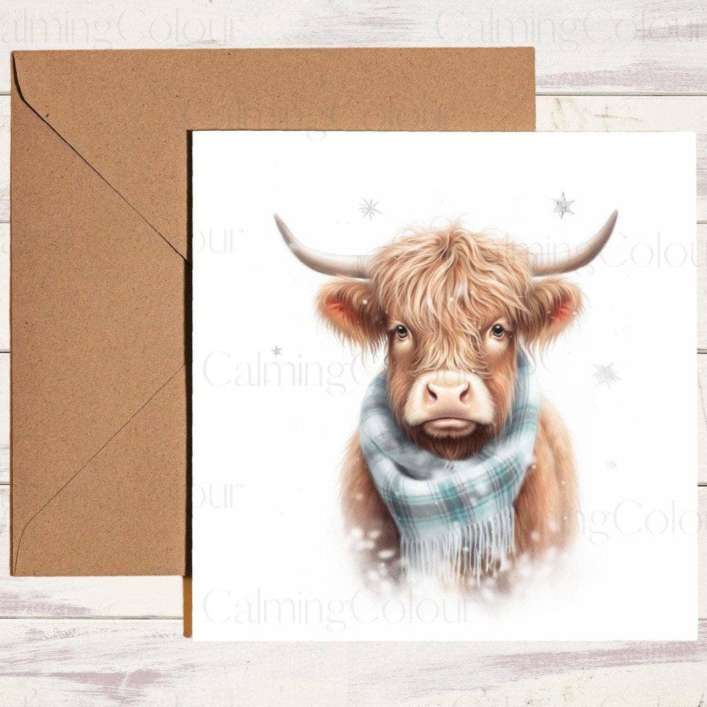 Highland Cow wearing Blue Scarf | Christmas Card | Christmas Card