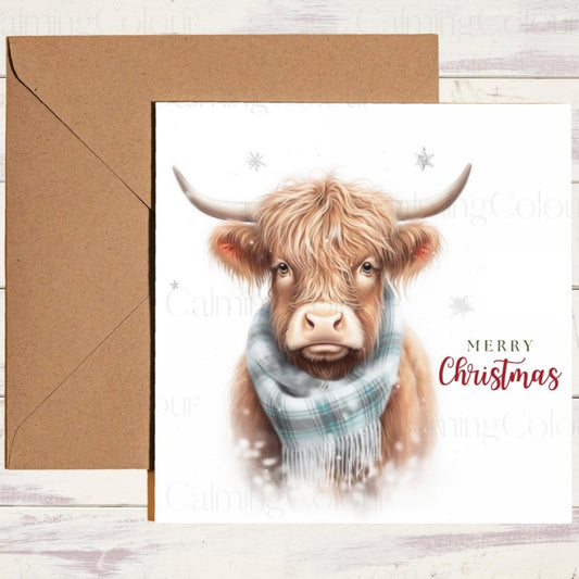 Highland Cow with Blue Scarf | Christmas Card | Christmas Card