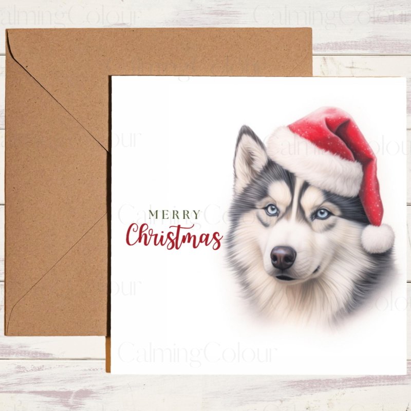 Husky | Red Santa Hat Christmas Card | Christmas Card