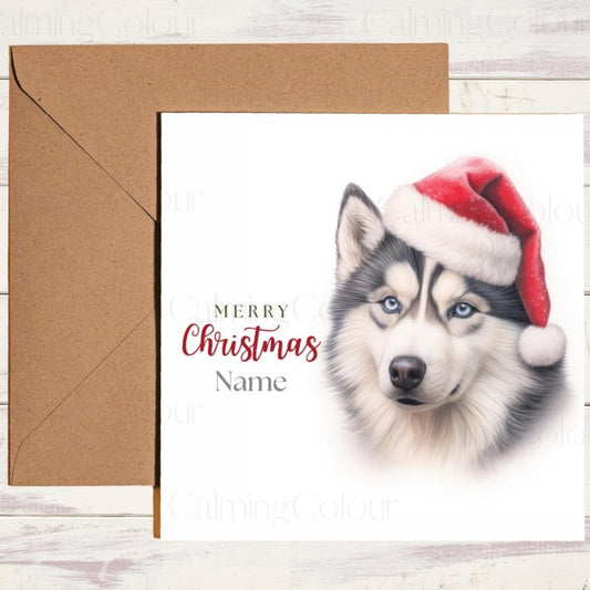 Husky | Red Santa Hat Christmas Card | Christmas Card