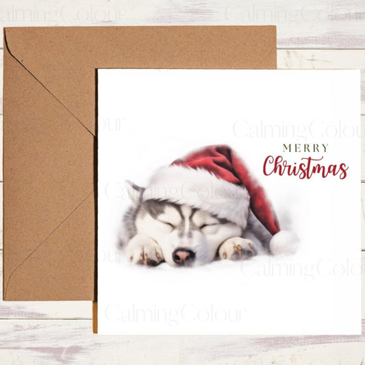 Husky Snoozing at Christmas | Festive Card | Christmas Card