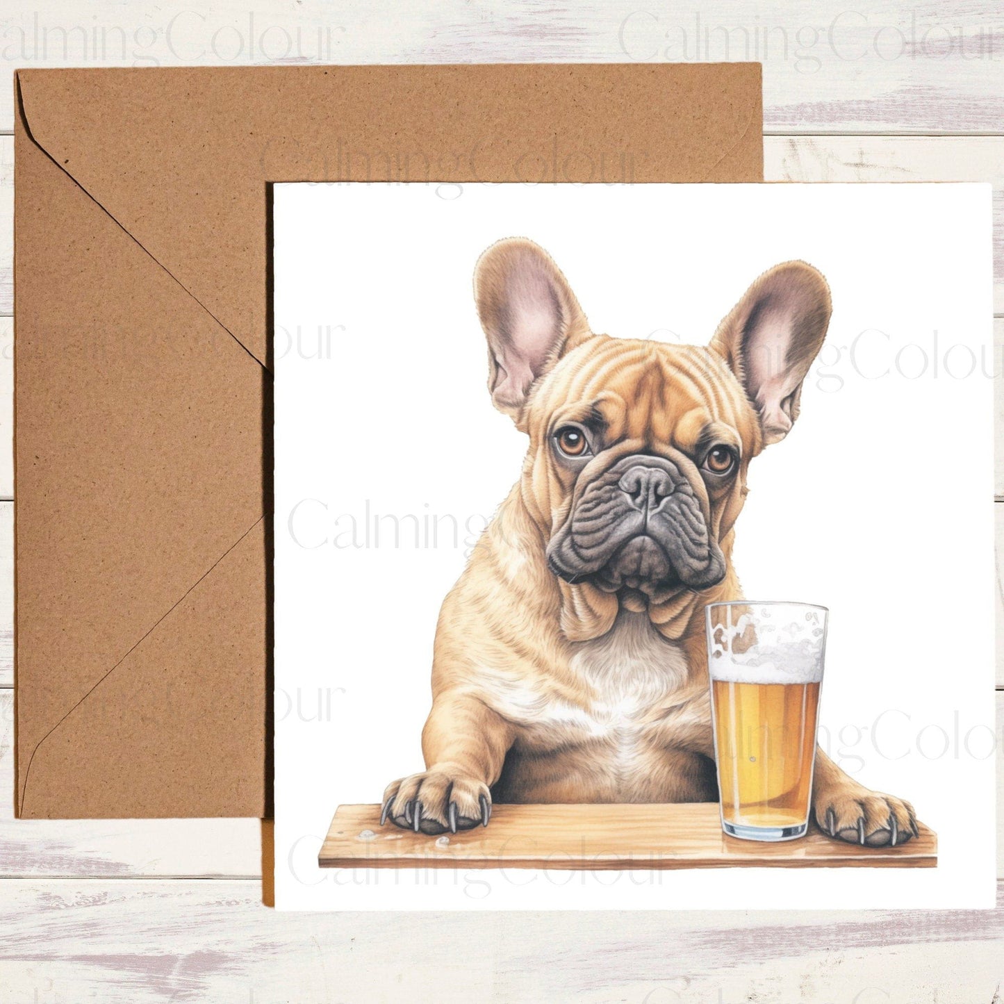 5.5-inch square card: Tan French Bulldog with a Pint of Beer. Glossy coating, 280gsm cardstock for sturdiness, eco-friendly packaging, Kraft brown envelope. Inside: blank canvas for personal message.