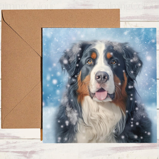 5.5-inch square Christmas card: Bernese Mountain Dog in the snow.  Glossy coating, 280gsm cardstock for sturdiness, eco-friendly packaging, Kraft brown envelope. Inside: blank canvas for personal message.
