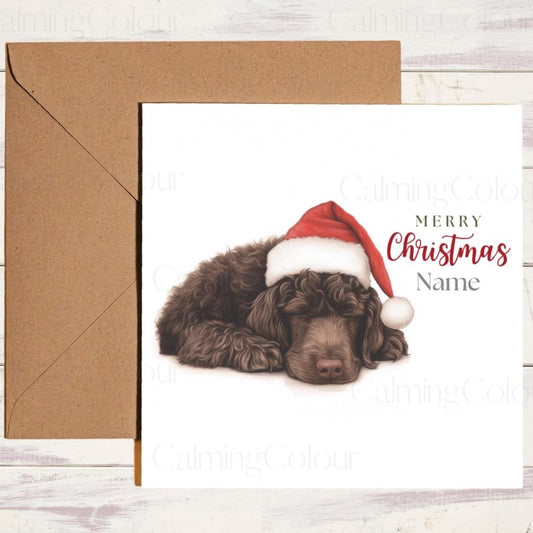 Irish Water Spaniel Asleep in Santa Hat | Christmas Card | Christmas Card