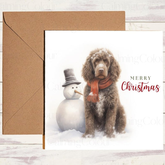 Irish Water Spaniel with Snowman | Christmas Card | Christmas Card