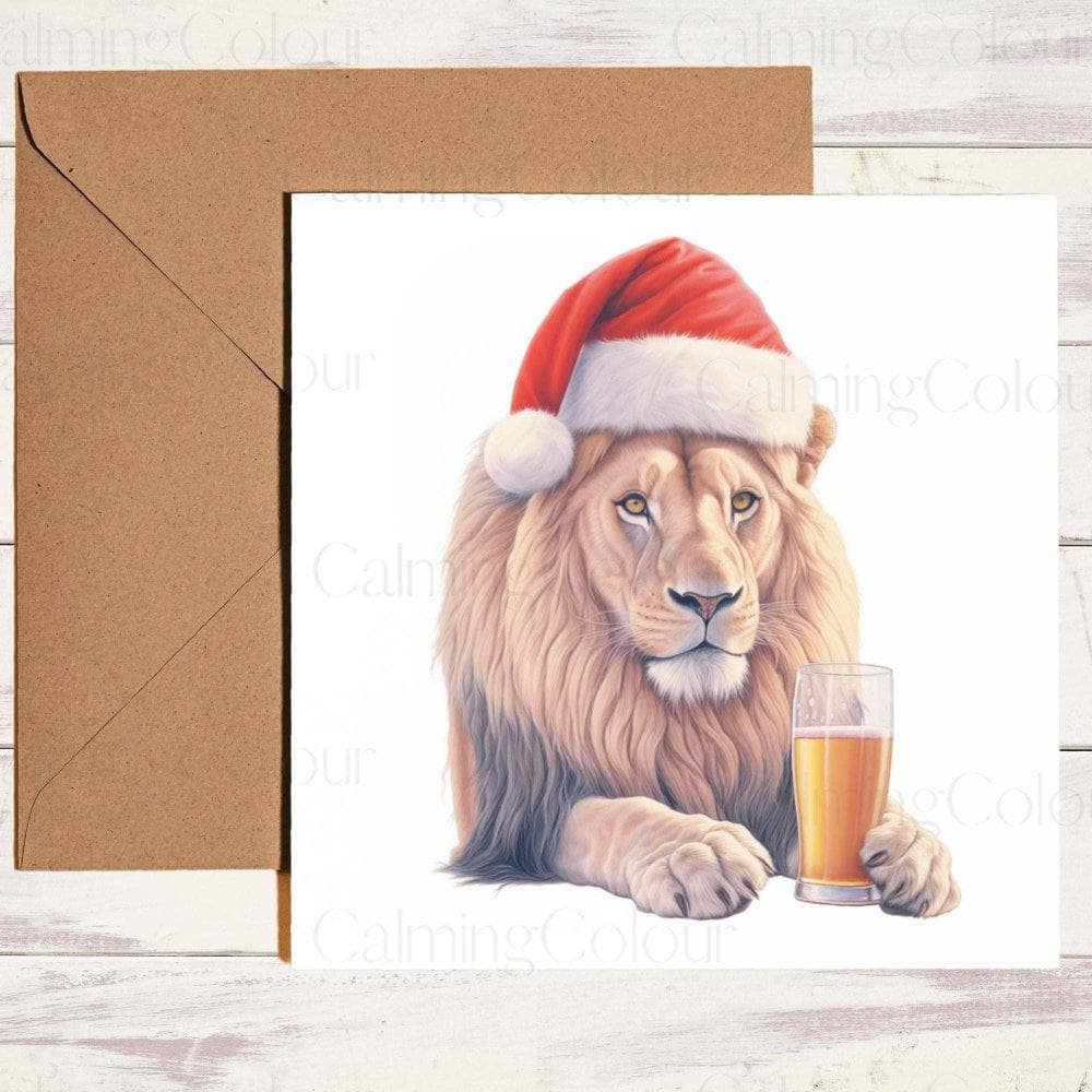 Lion with Pint & Red Santa Hat | Christmas Card | Christmas Card