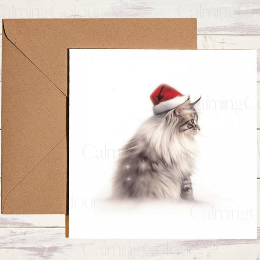 Maine Coon Side View in Santa Hat | Christmas Card | Christmas Card (Personalised)