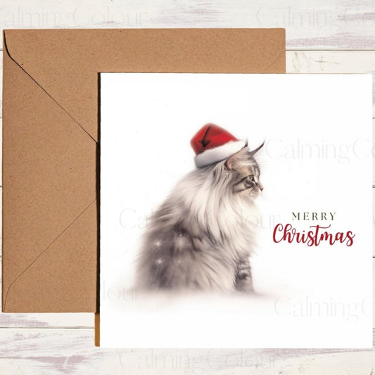 Maine Coon Side View in Santa Hat | Christmas Card | Christmas Card (Personalised)