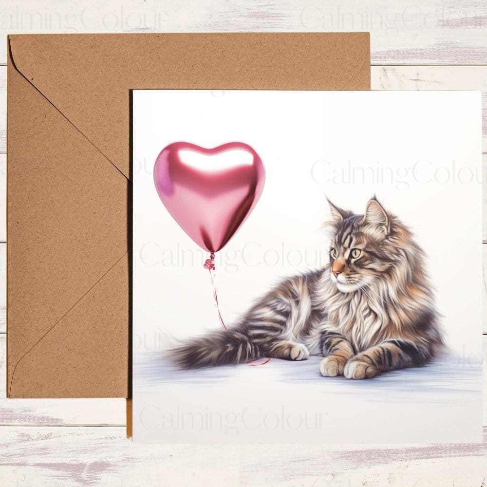 Maine Coon with Red Balloon | Valentine's Card | Valentine's Day