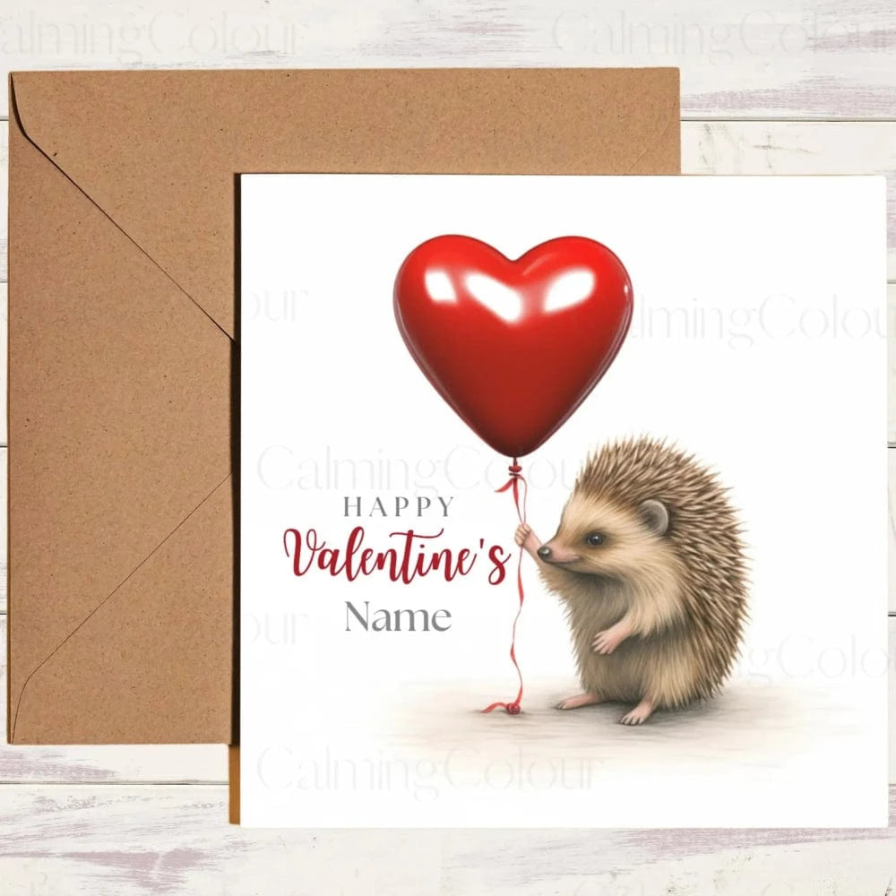 Personalised Hedgehog with Red Balloon | Valentine's Card | With Love | Calming Colour